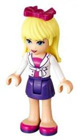 LEGO Minifigure-Stephanie, Dark Purple Skirt, Magenta Top with White Jacket, Magenta Bow-Friends-FRND042A-Creative Brick Builders